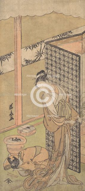 An Oiran in Night Attire, pausing, with one Hand on the Screen that Surrounds Her Bed,..., ca. 1770. Creator: Torii Kiyonaga.