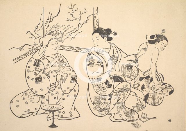 An Oiran Seated in a Parlor Applies the Fire Treatment to the Bared Back of Another Woman. Creator: Unknown.