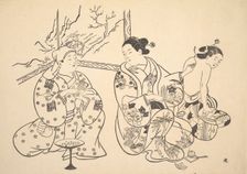An Oiran Seated in a Parlor Applies the Fire Treatment to the Bared Back of Another Woman. Creator: Unknown