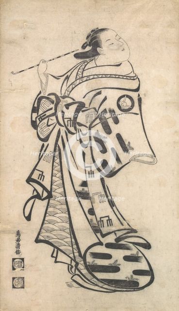 An Oiran Standing, a Pipe in Her right Hand, and Turning to Look Behind over Her Shoul..., ca. 1705. Creator: Torii Kiyomasu I.