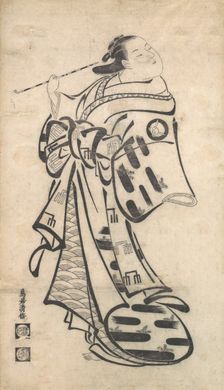 An Oiran Standing, a Pipe in Her right Hand, and Turning to Look Behind over Her Shoul..., ca. 1705. Creator: Torii Kiyomasu I