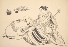 An Oiran Playing the Shamisen to a Young Man Kneeling by Her Side in Rapt Attention. Creator: Unknown