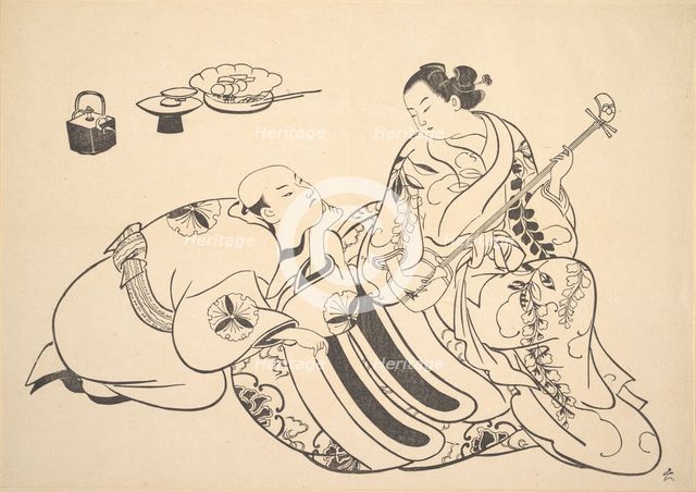 An Oiran Playing the Shamisen to a Young Man Kneeling by Her Side in Rapt Attention. Creator: Unknown.