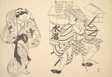 An Oiran Rearranging Her Hair in the Street while a Young Samurai Looks on. Creator: Unknown