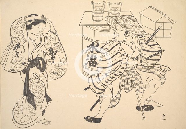 An Oiran Rearranging Her Hair in the Street while a Young Samurai Looks on. Creator: Unknown.
