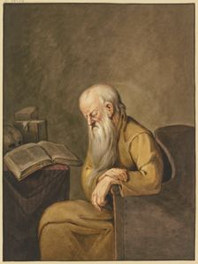 An old man with a long beard has fallen asleep in his chair while reading. Creator: Leffer