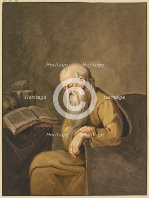 An old man with a long beard has fallen asleep in his chair while reading. Creator: Leffer.