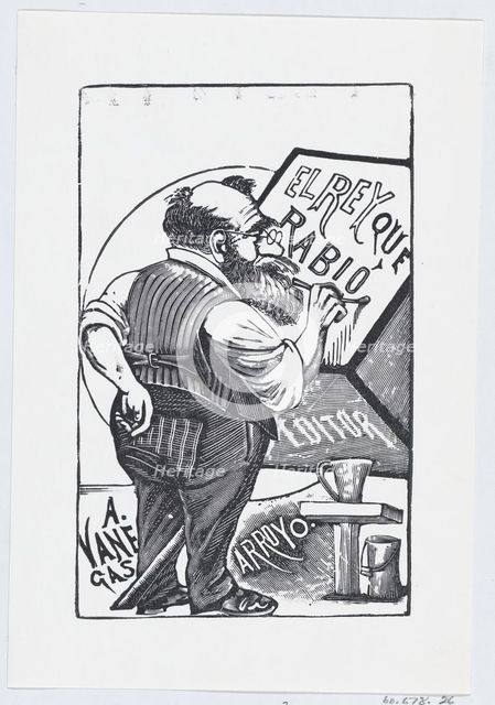 An old man with spectacles and one hand behind his back painting on a wooden bloc..., ca. 1880-1910. Creator: José Guadalupe Posada.