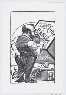 An old man with spectacles and one hand behind his back painting on a wooden bloc..., ca. 1880-1910. Creator: José Guadalupe Posada