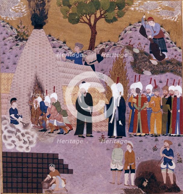An old man faithful to Imam Ali jumps over fire, 16th century.