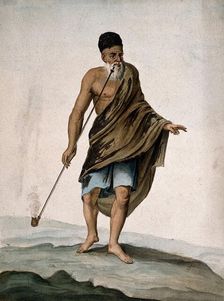 An old man in cloak and turban smoking a long pipe (chibouk), 1800-1899. Creator: Unknown