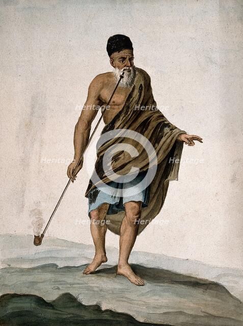 An old man in cloak and turban smoking a long pipe (chibouk), 1800-1899. Creator: Unknown.