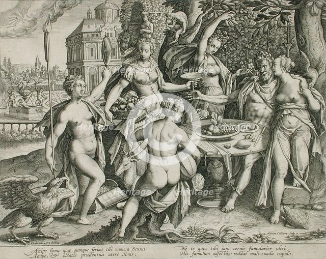 An Old Man Indulging in Five Senses, c1600. Creator: Adriaen Collaert.