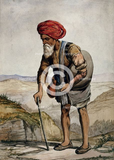 An old man of Simla, holding a stick, standing with a sack on his shoulder, 1866. Creator: R Clint.
