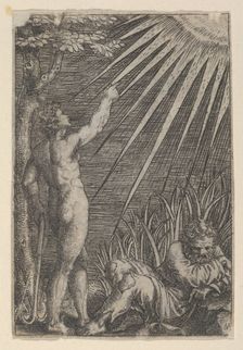 An old man reclining on the ground at right; at left a naked younger man standing p..., ca. 1510-27. Creator: Marcantonio Raimondi