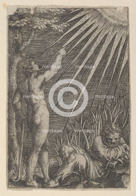 An old man reclining on the ground at right; at left a naked younger man standing p..., ca. 1510-27. Creator: Marcantonio Raimondi.