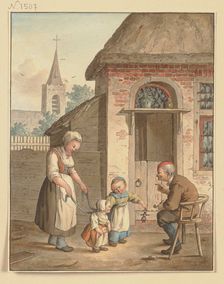 An old man sits in front of a house with a maid and two children, c1800-1844. Creator: Johann Friedrich Morgenstern