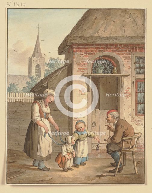 An old man sits in front of a house with a maid and two children, c1800-1844. Creator: Johann Friedrich Morgenstern.
