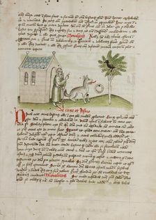 An Old Man Speaking to a Fox and a Magpie Sitting in a Tree; Fables, third quarter of 15th century. Creator: Unknown