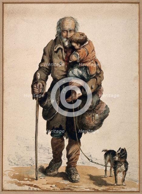 An old blind man holding a child walks guided by his stick and dog. Creator: Unknown.