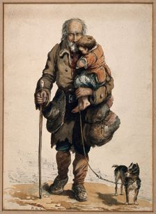 An old blind man holding a child walks guided by his stick and dog. Creator: Unknown
