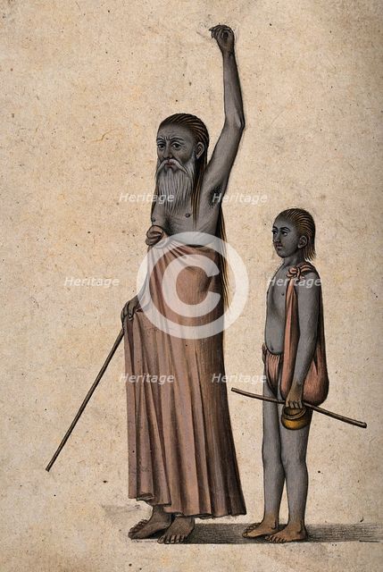 An old Hindu ascetic or holy man: standing, with left arm raised above his head..., 1880. Creator: Unknown.