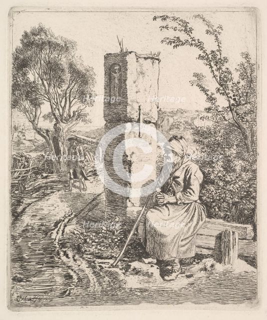 An Old Lady Sitting Near a Pillar at Side of Road, 1819. Creator: Johann Christian Erhard.