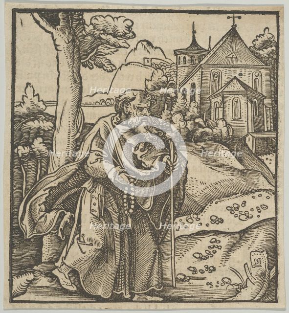 An Old Pilgrim Walking to the Right, from Hymmelwagen auff dem, wer wol lebt..., 1517. Creator: Hans Schäufelein the Elder.