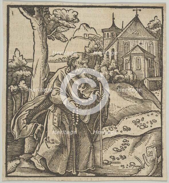 An Old Pilgrim Walking to the Right, from Hymmelwagen auff dem, wer wol lebt..., 1517. Creator: Hans Schäufelein the Elder.