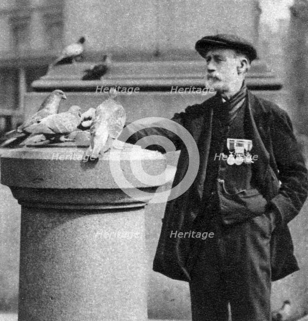 An old soldier with some pigeons, Trafalgar Square, London, 1926-1927.Artist: McLeish