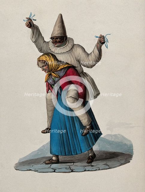 An old woman is carrying a masked pierrot on her shoulders. Creator: Unknown.