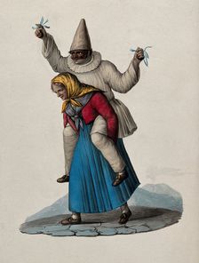 An old woman is carrying a masked pierrot on her shoulders. Creator: Unknown