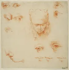 An old woman's head, studies of eyes and mouths. Creator: Abraham Bloemaert