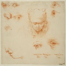 An old woman's head, studies of eyes and mouths. Creator: Abraham Bloemaert