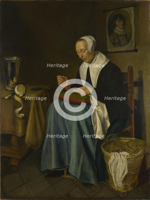 An Old Woman seated sewing, 1655. Artist: Aeck, Johannes van der (1637-1682)