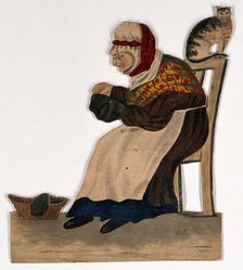 An old woman seated, sewing, with a cat on the back of her chair, 19th century. Creator: Stephen Jenner