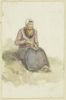 An old woman sits on a lawn holding a bowl of milk in her lap, c1840s. Creator: Jakob Dielmann