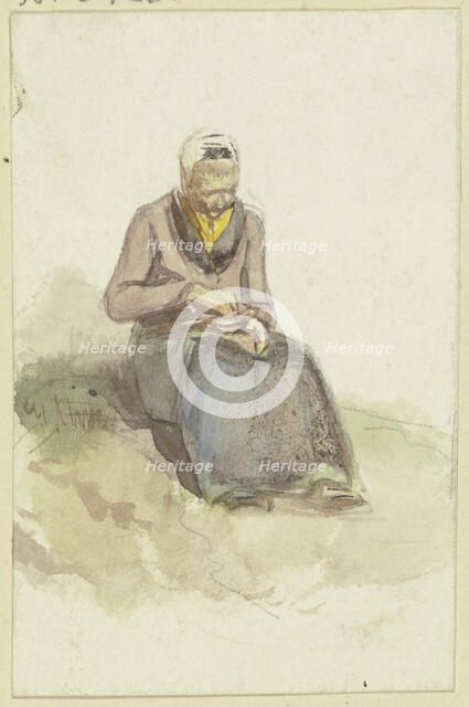 An old woman sits on a lawn holding a bowl of milk in her lap, c1840s. Creator: Jakob Dielmann.