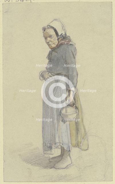 An old woman turned to the left, carrying a basket in her hanging left hand, c1840s.. Creator: Jakob Dielmann.