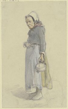An old woman turned to the left, carrying a basket in her hanging left hand, c1840s.. Creator: Jakob Dielmann