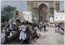 An open-air restaurant at Lahore, India, 1880.Artist: Edwin Lord Weeks