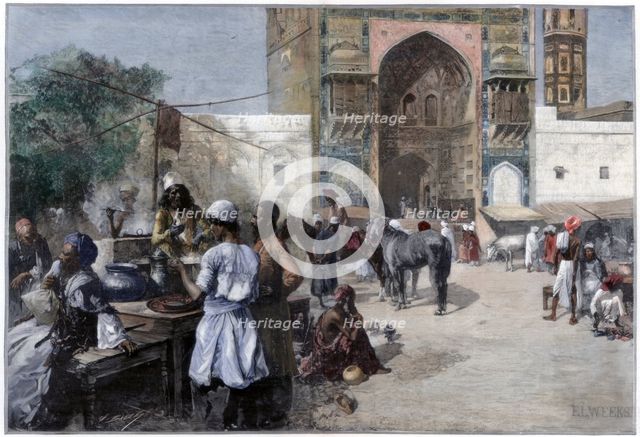 An open-air restaurant at Lahore, India, 1880.Artist: Edwin Lord Weeks