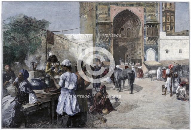 An open-air restaurant at Lahore, India, 1880.Artist: Edwin Lord Weeks