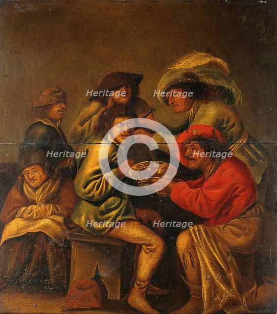 An operator extracting "pierres de tête" from behind a man's ear, with four other people in... Creator: Quast, Pieter Jansz., 1606-1647 (Follower of).