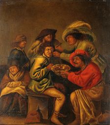 An operator extracting "pierres de tête" from behind a man's ear, with four other people in... Creator: Quast, Pieter Jansz., 1606-1647 (Follower of)