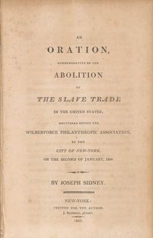 An Oration, Commemorative of the Abolition of the Slave Trade in the United States..., 1809. Creator: Unknown