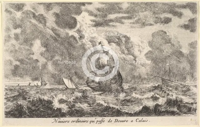 An ordinary ship travelling between Douvre and Calais (Naviere ordinaire qui passe de Douv..., 1647. Creator: Stefano della Bella.