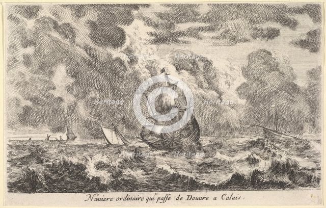 An ordinary ship travelling between Douvre and Calais (Naviere ordinaire qui passe de Douv..., 1647. Creator: Stefano della Bella.