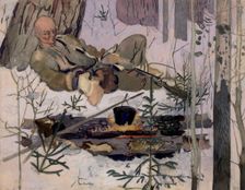 An Ostyak resting in the forest near a fire, Selkups, 1920. Creator: A. G. Vargin