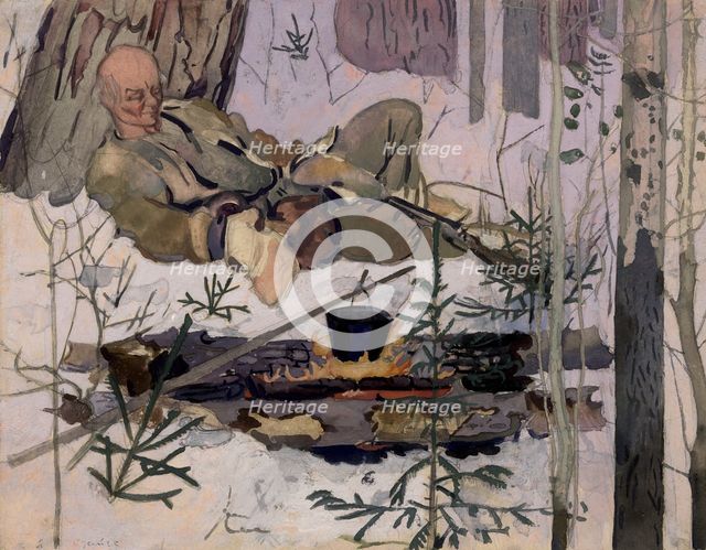 An Ostyak resting in the forest near a fire, Selkups, 1920. Creator: A. G. Vargin.